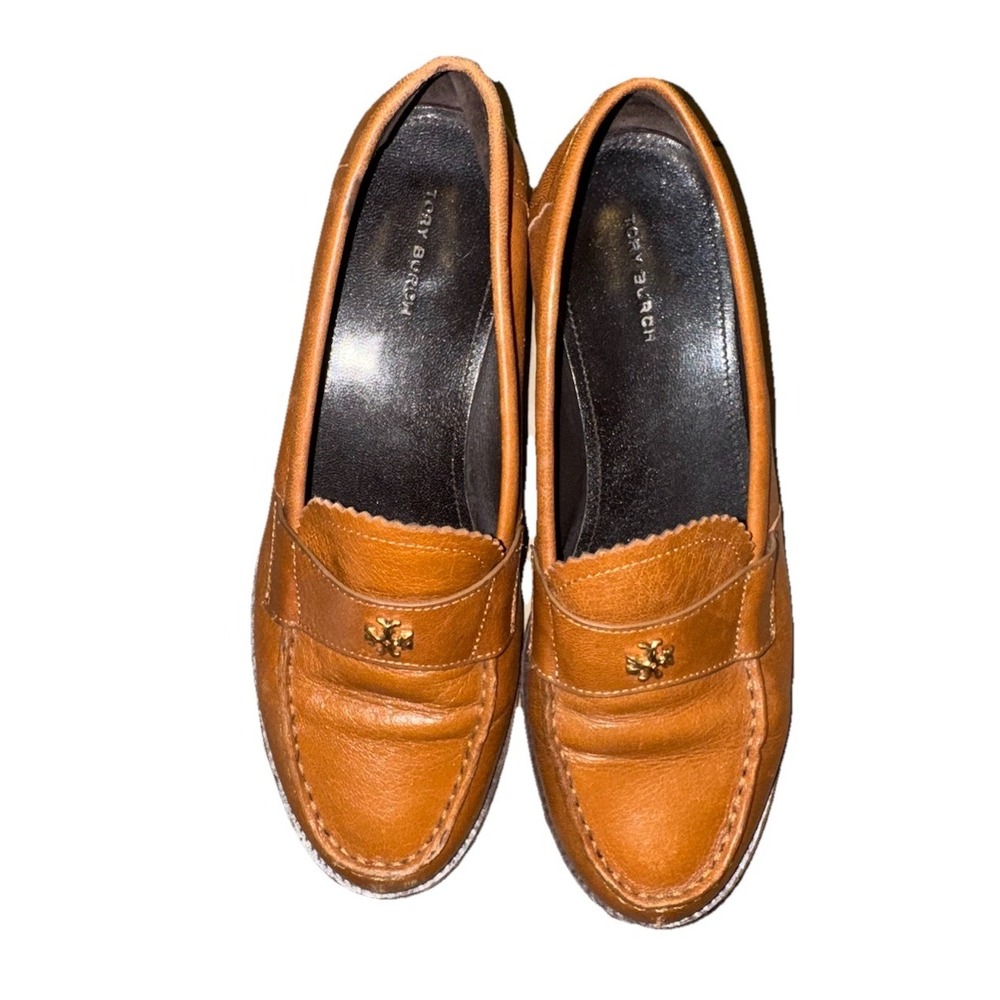 Tory Burch Perry Loafers Camel Tan Leather‎ Shoes Size 8.5 Preown